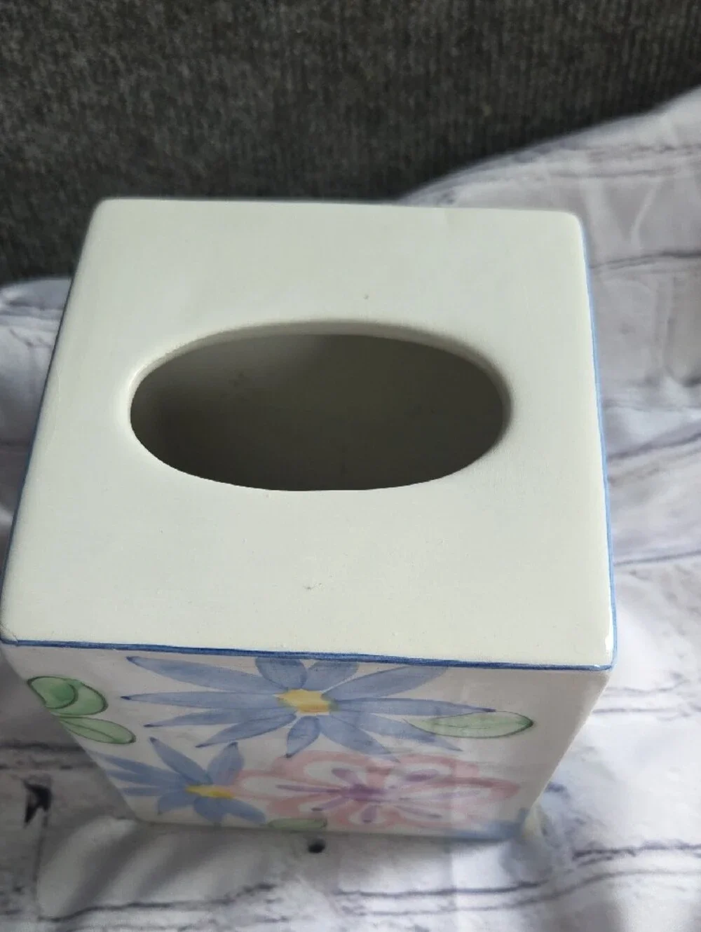 Vintage Floral Ceramic Tissue Box Cover - Blue & Pink Flowers. Made In Portugal